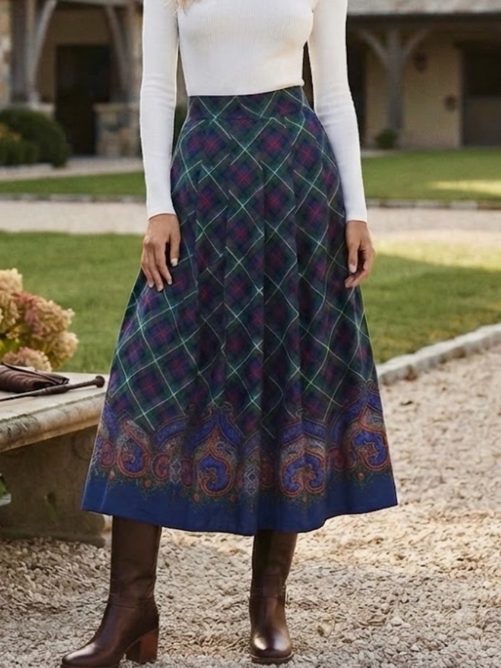 Pendleton Navy and Green Plaid Maxi Skirt with Paisley Border